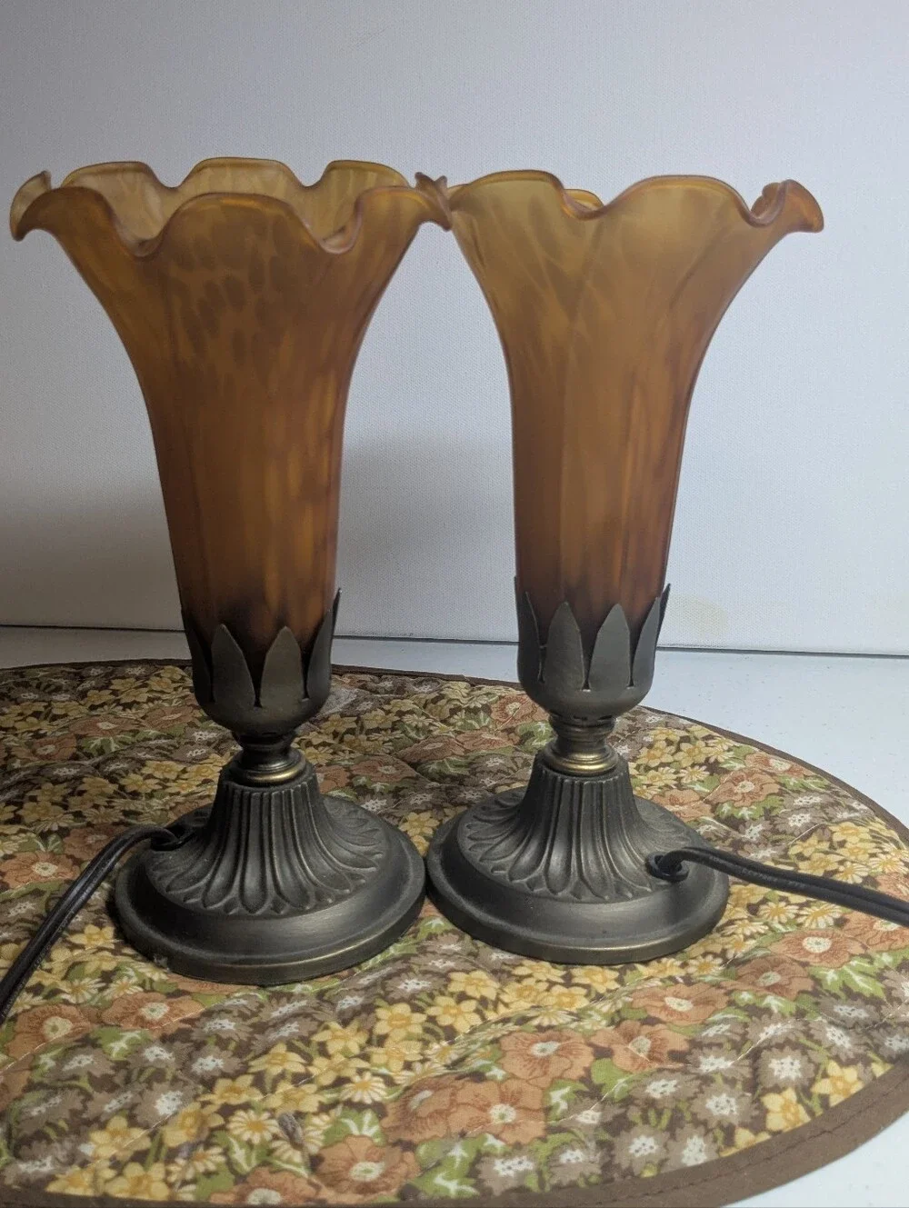 Vintage Amber Glass Pond Lily Tulip Trumpet Table Lamps